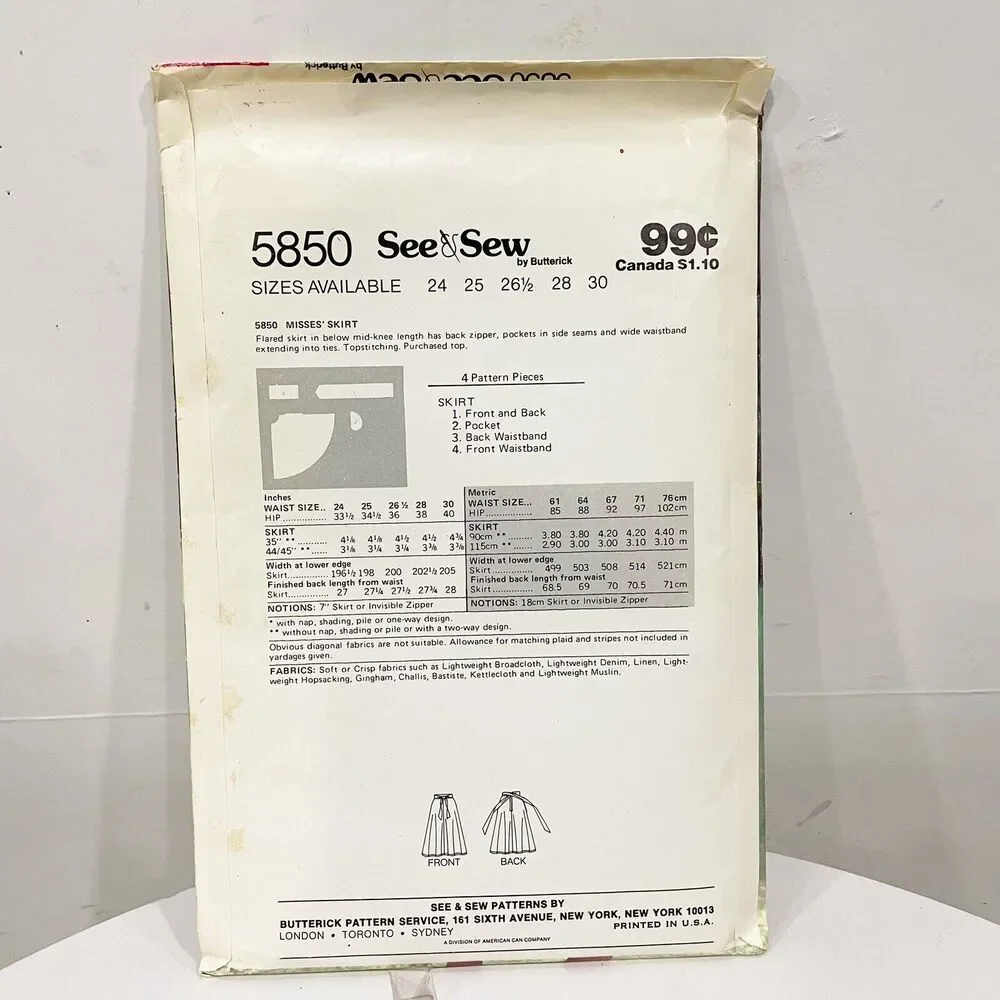 UNCUT New Vintage 70s See & Sew Butterick‎ Sewing Pattern 5850 High waist Skirt